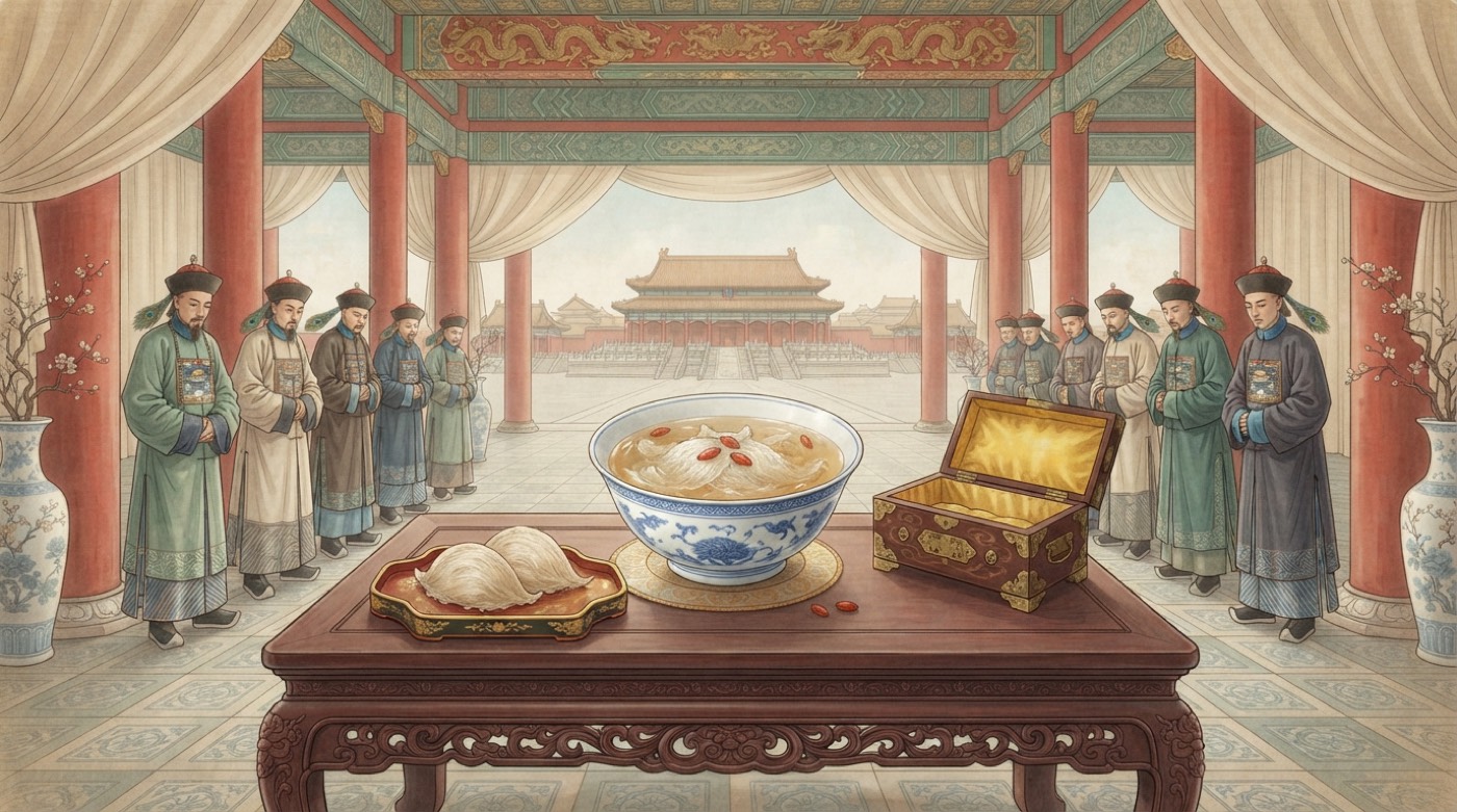 A Qing dynasty-style imperial banquet illustration featuring bird's nest soup