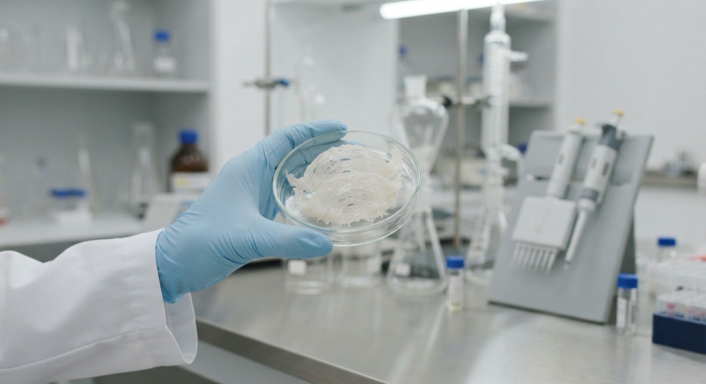 A laboratory sample of translucent bird's nest strands examined for nutrition research